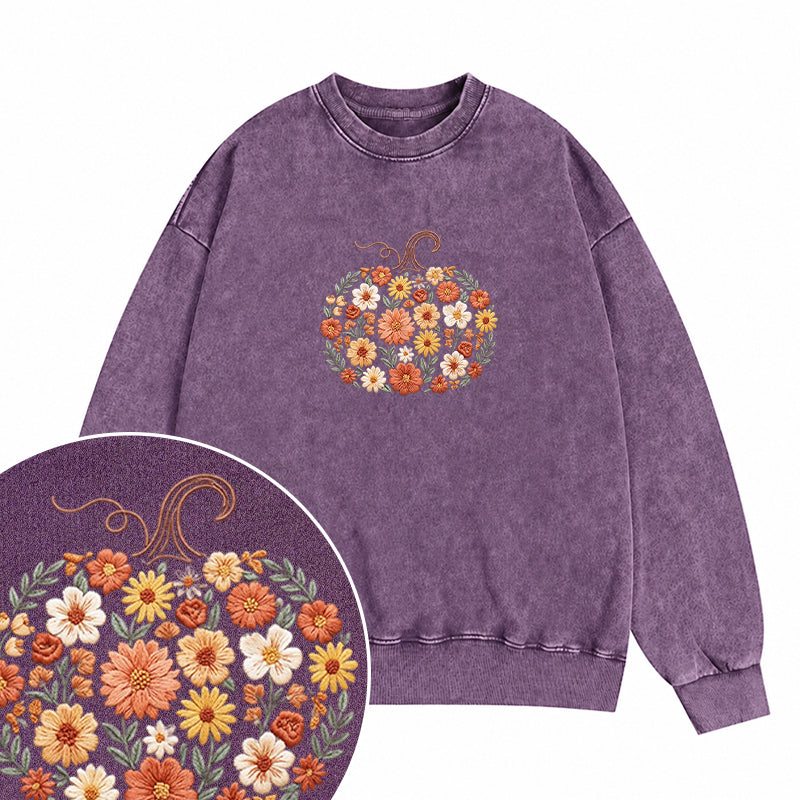 Embroidered Floral Pumpkin Washed Crewneck Sweatshirt