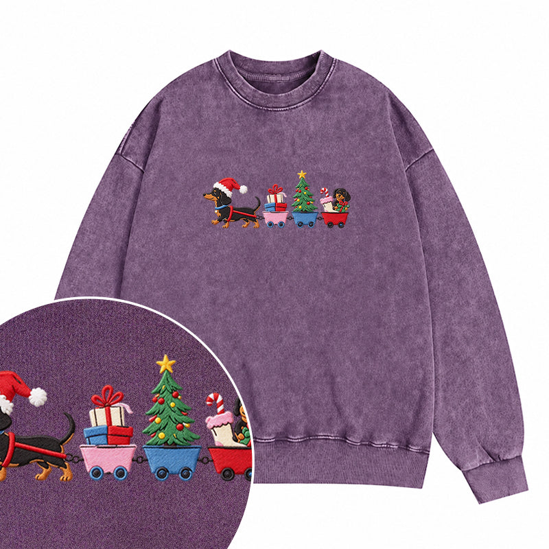 Embroidered Christmas Dachshund Washed Crewneck Sweatshirt
