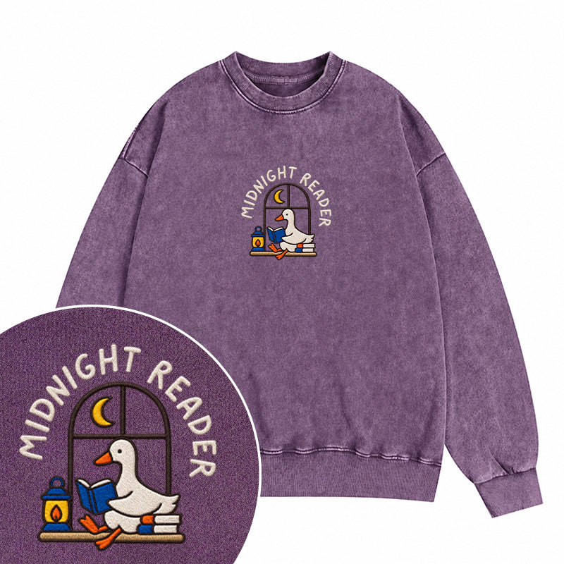 Embroidered Midnight Reader Goose Washed Crewneck Sweatshirt