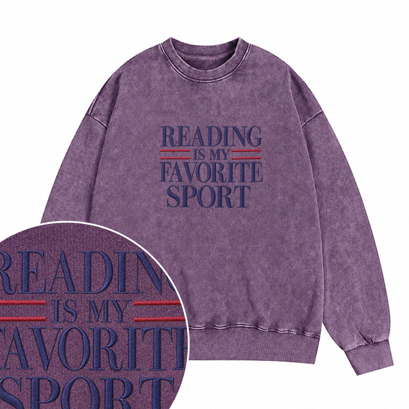 Embroidered Reading Is My Favorite Sport Washed Crewneck Sweatshirt