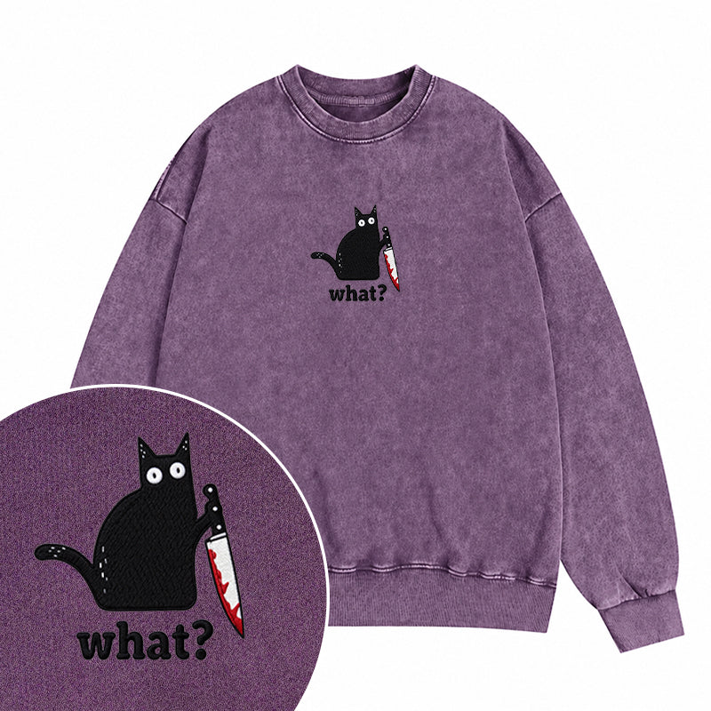 Embroidered Black Cat What Washed Crewneck Sweatshirt