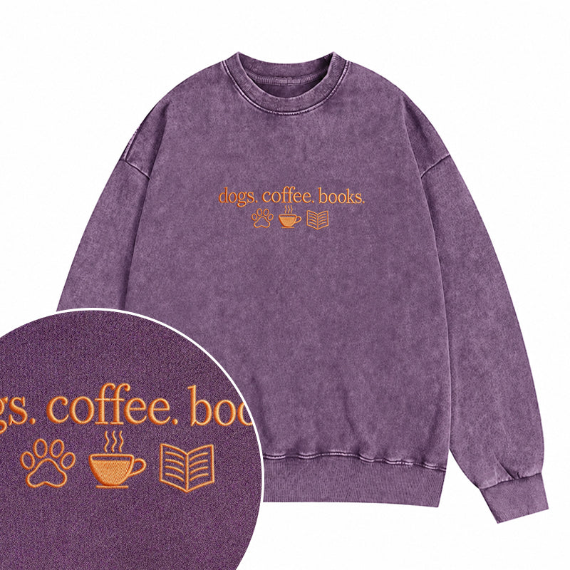 Embroidered Dogs Coffee Books Washed Crewneck Sweatshirt