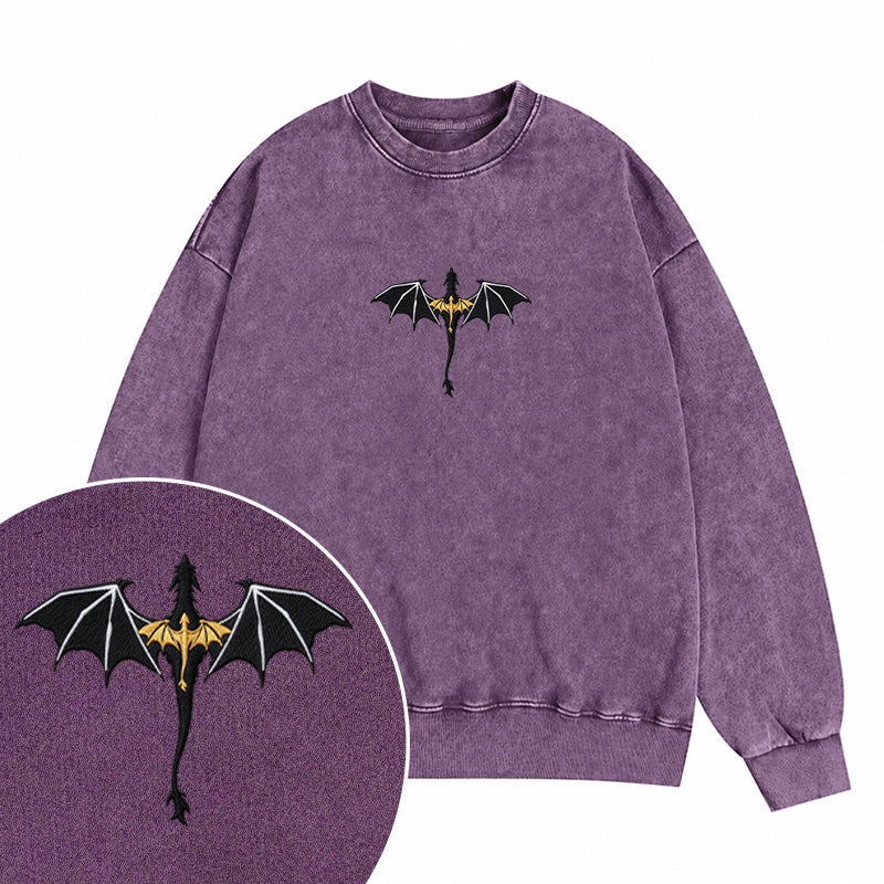 Embroidered Fantasy Book Dragon Washed Crewneck Sweatshirt