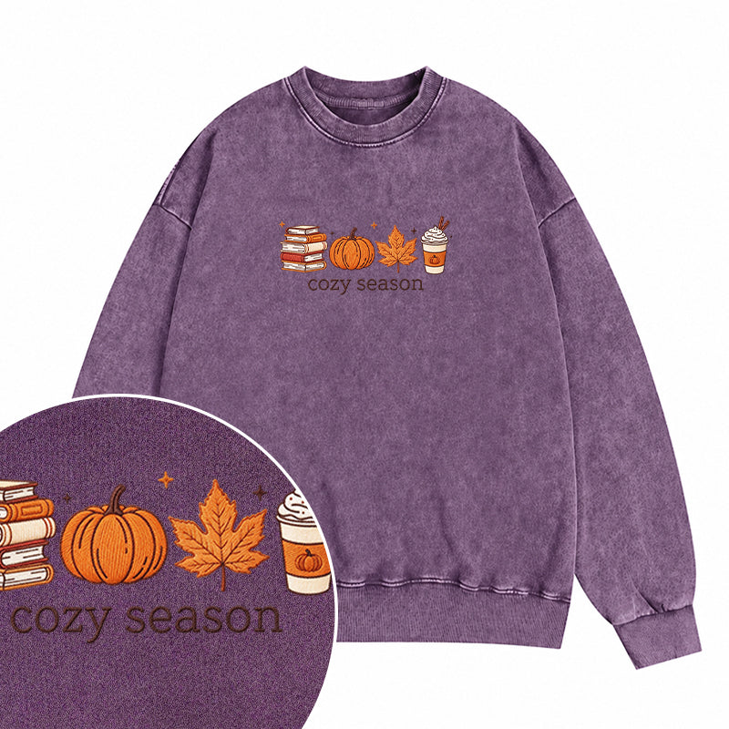 Embroidered Cozy Seasons Book Lover Washed Crewneck Sweatshirt