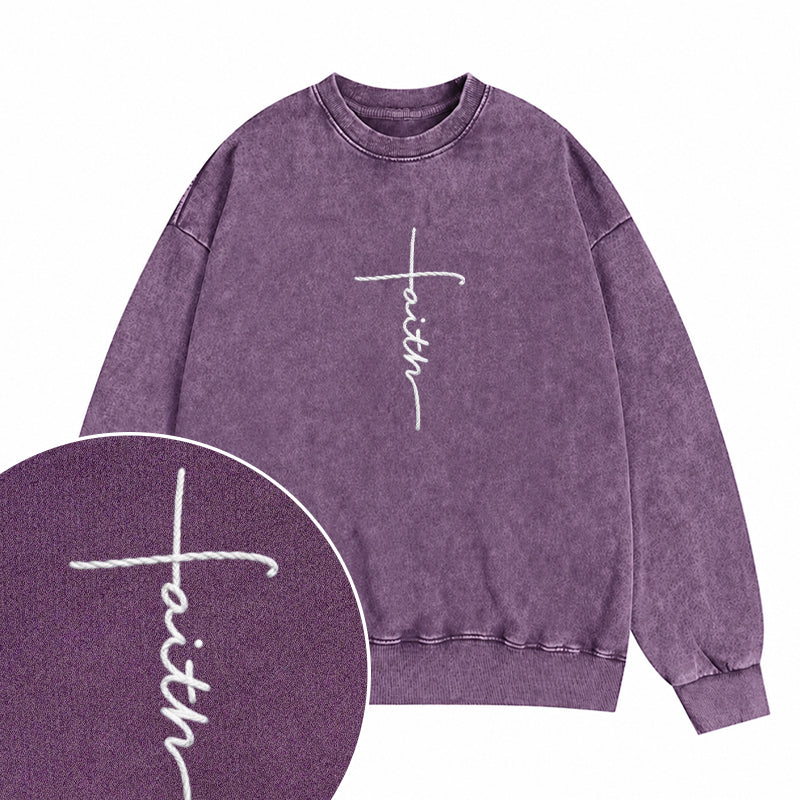 Embroidered Faith Christian Washed Crewneck Sweatshirt