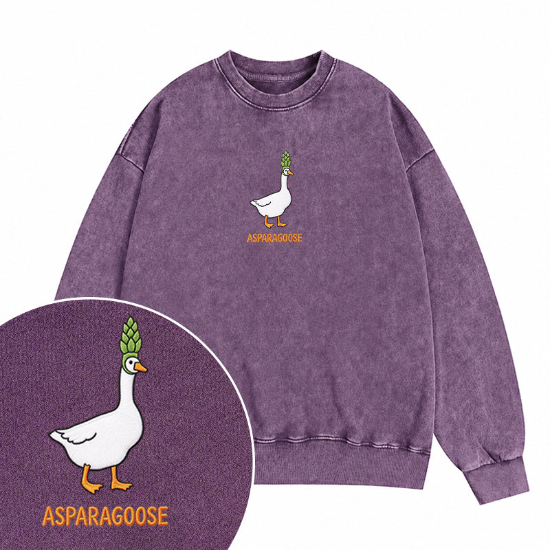 Embroidered Funny Asparagus Asparagoose Washed Crewneck Sweatshirt
