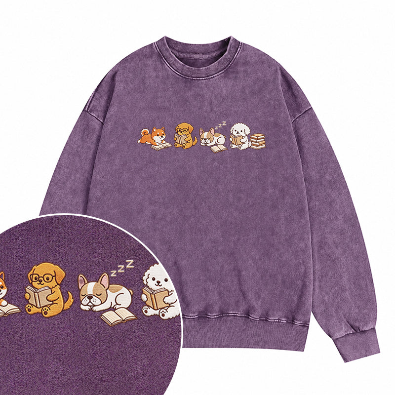 Embroidered Reading Dogs Washed Crewneck Sweatshirt