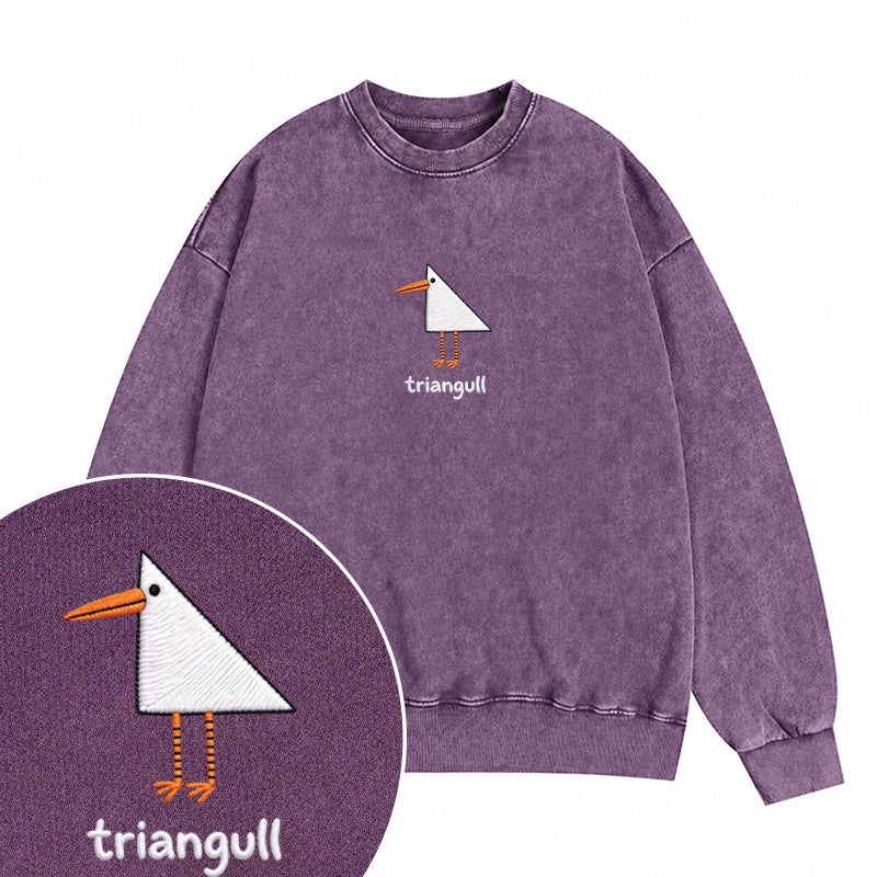 Embroidered Funny Triangull Seagull Washed Crewneck Sweatshirt