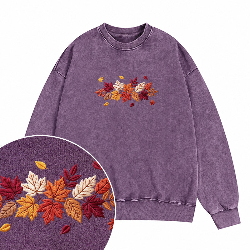 Embroidered Cozy Autumn Leaves Washed Crewneck Sweatshirt