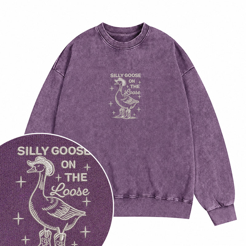 Embroidered Cowboy Silly Goose On The Loose Washed Crewneck Sweatshirt