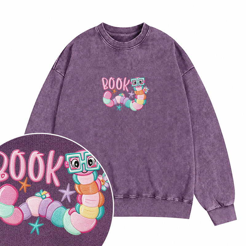 Embroidered Reading Book Worm Washed Crewneck Sweatshirt