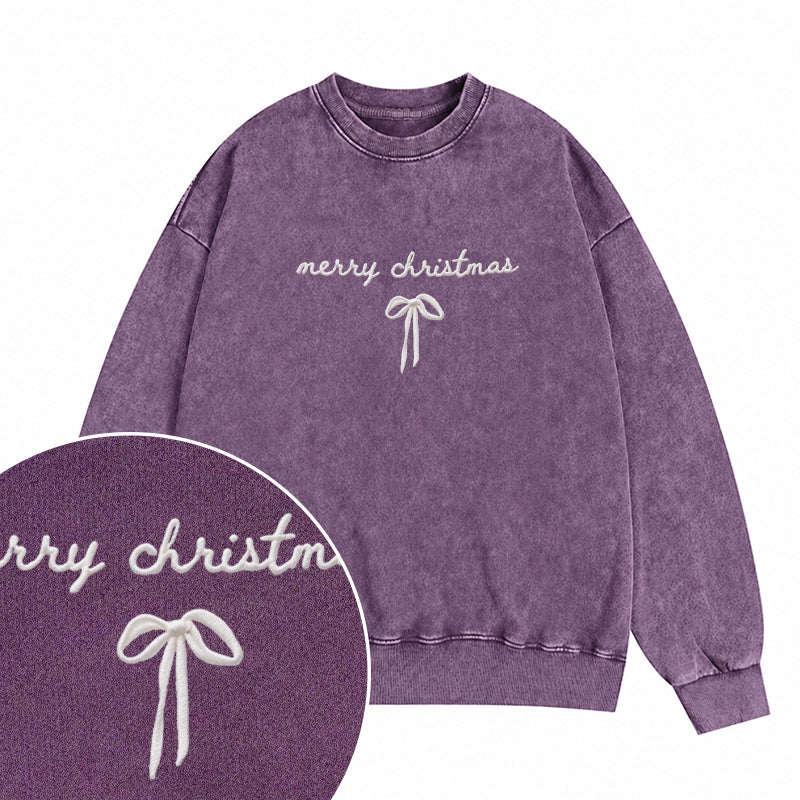 Embroidered Merry Christmas Bow Washed Crewneck Sweatshirt