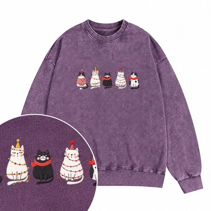 Embroidered Cute Cat Christmas Washed Crewneck Sweatshirt