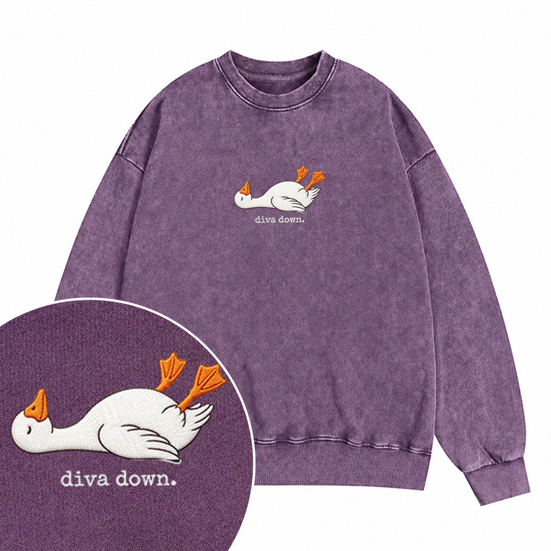Embroidered Diva Down Goose Washed Crewneck Sweatshirt