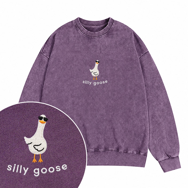 Embroidered Funny Silly Goose Washed Crewneck Sweatshirt