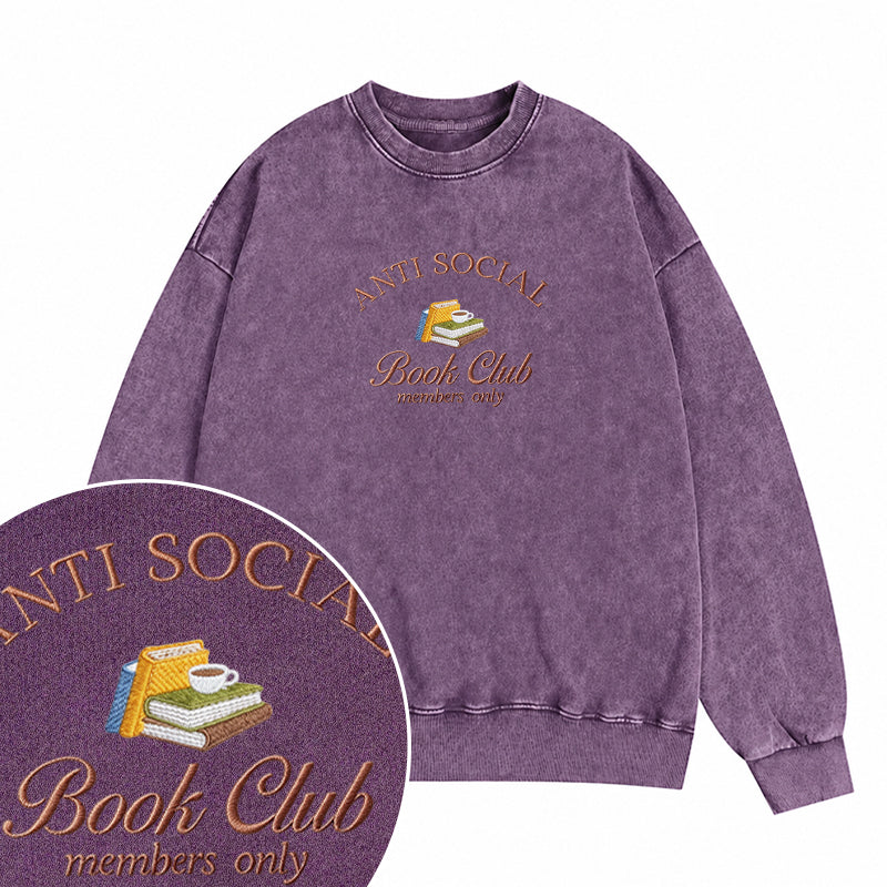 Embroidered Anti Social Book Club Washed Crewneck Sweatshirt