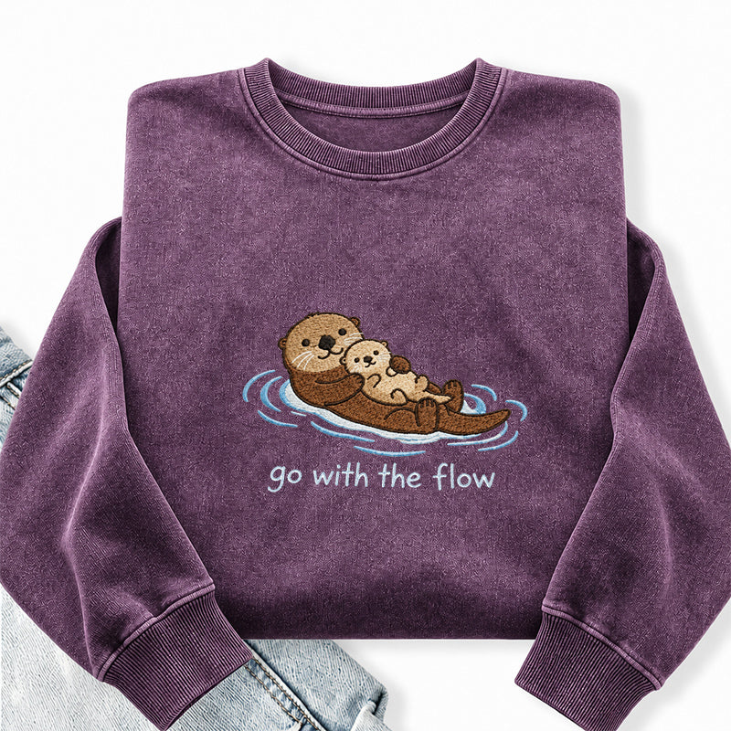 Embroidered Go With The Flow Otter Washed Crewneck Sweatshirt