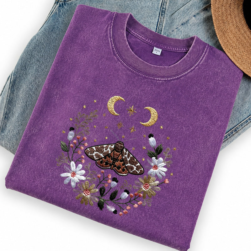 Embroidered Cottagecore Moth Washed Crew Neck T-Shirt