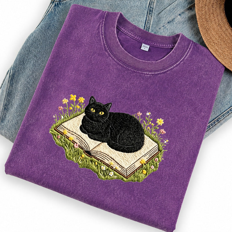 Embroidered Black Cat Book Washed Crew Neck T-Shirt
