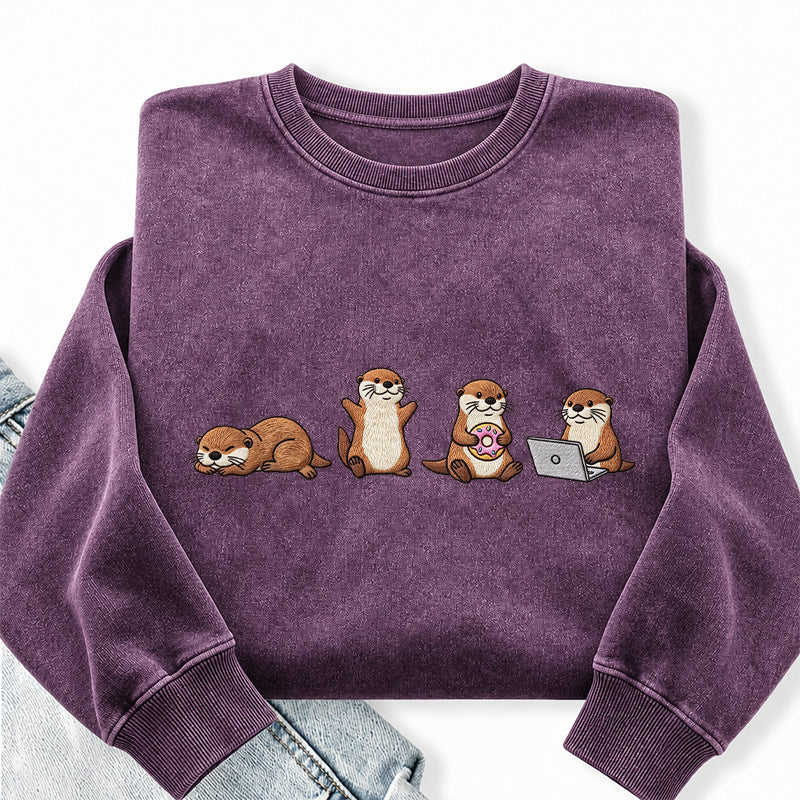 Embroidered Sea Otters Washed Crewneck Sweatshirt