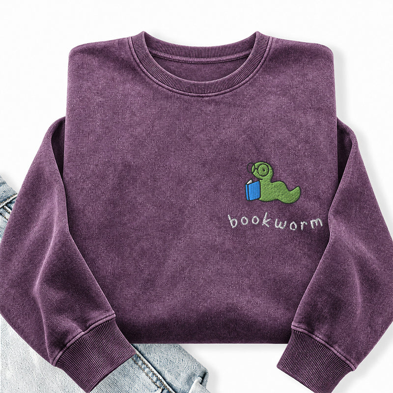 Embroidered Bookworm Washed Crewneck Sweatshirt