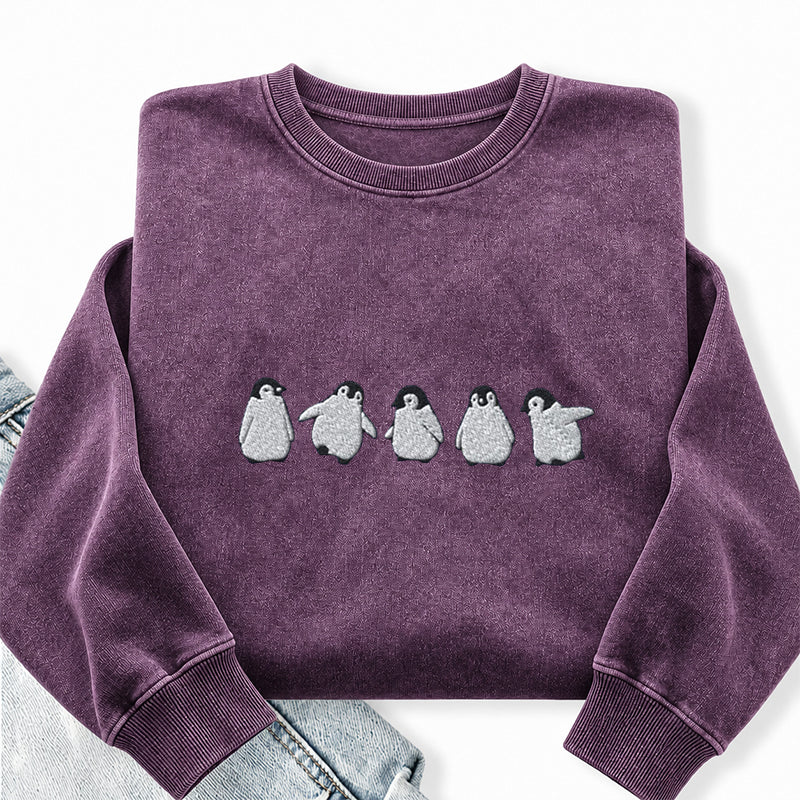 Embroidered Cute Penguins Washed Crewneck Sweatshirt