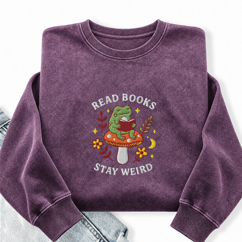 Embroidered Read Books Stay Weird Washed Crewneck Sweatshirt