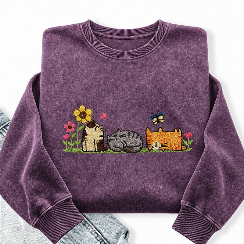 Embroidered Floral Cute Cat Washed Crewneck Sweatshirt