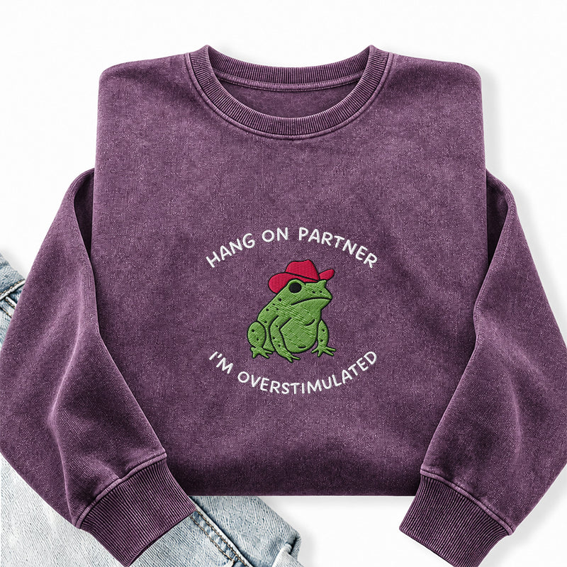 Embroidered Hang On Partner Cowboy Frog Washed Crewneck Sweatshirt