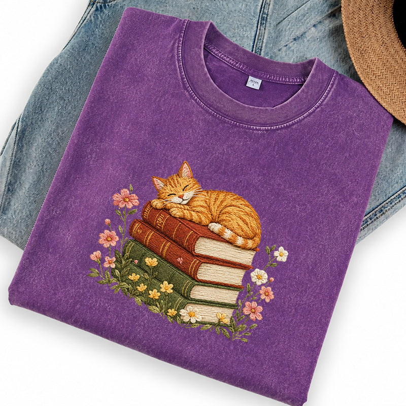 Embroidered Sleeping Cat On Books Washed Crew Neck T-Shirt