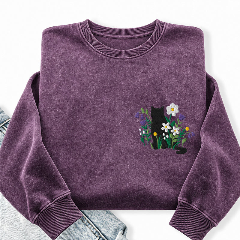 Embroidered Cottagecore Cat Washed Crewneck Sweatshirt