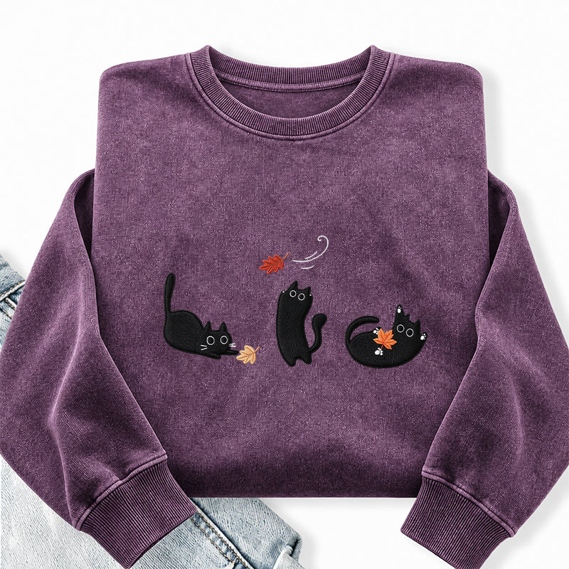 Embroidered Black Cats and Fall Leaves Washed Crewneck Sweatshirt