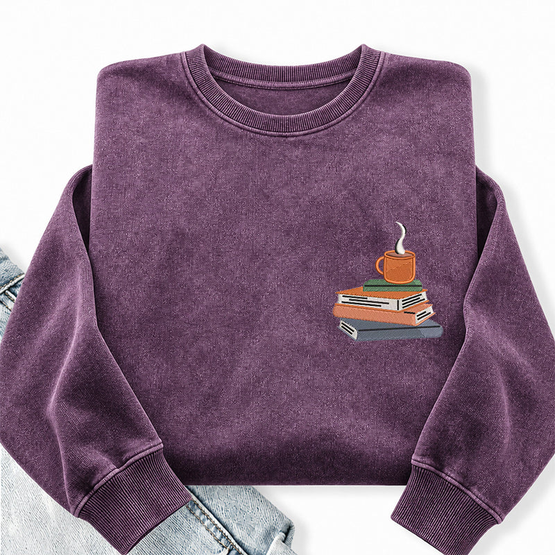 Embroidered Book And Coffee Washed Crewneck Sweatshirt