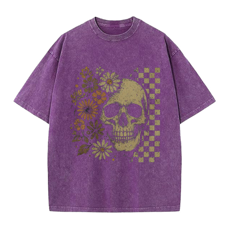 Vinatge Floral Skull Checkboard Washed Crew Neck T-Shirt