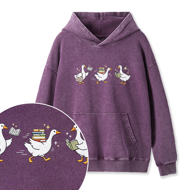 Embroidered Goose Reading Books Washed Hoodie