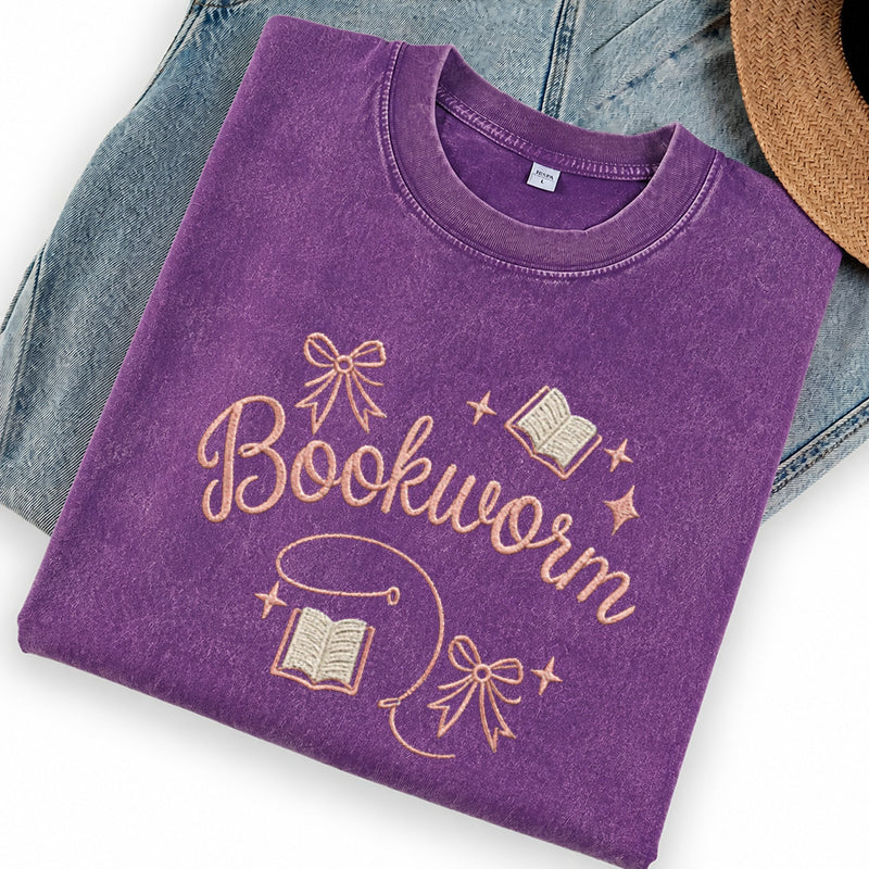 Embroidered Funny Bookworm Washed Crew Neck T-Shirt