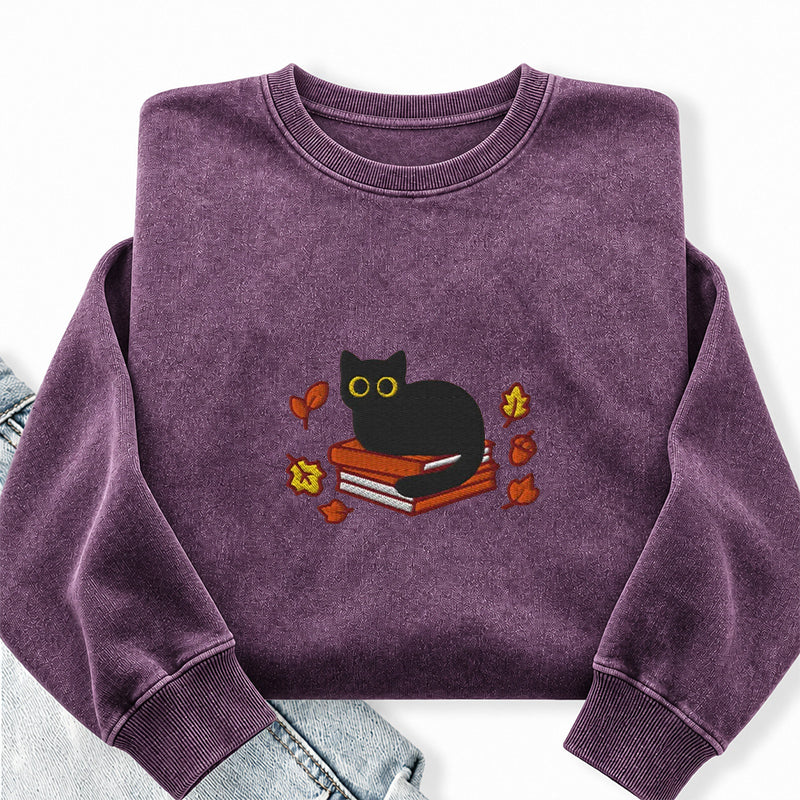 Embroidered Autumn Black Cat Book Washed Crewneck Sweatshirt