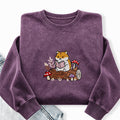 Embroidered Hamster Reading Books Washed Crewneck Sweatshirt