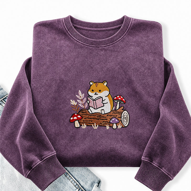 Embroidered Hamster Reading Books Washed Crewneck Sweatshirt