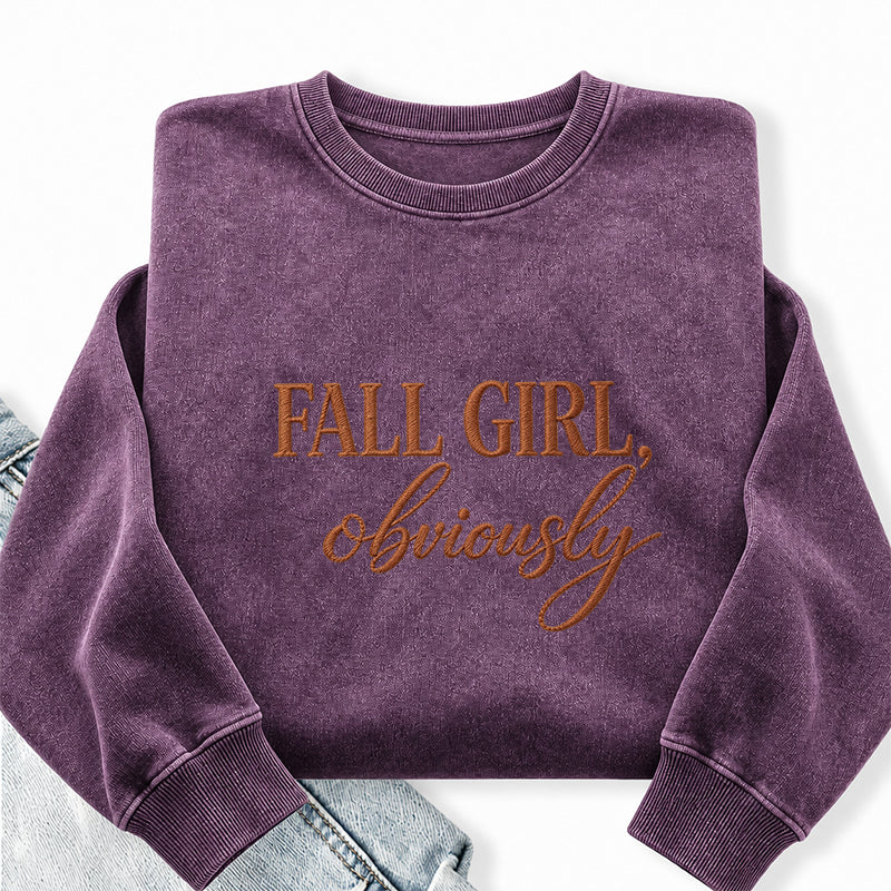 Embroidered Fall Girl Obviously Washed Crewneck Sweatshirt