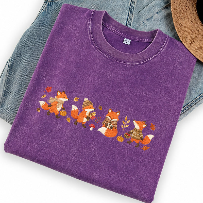 Embroidered Fall Fox Washed Crew Neck T-Shirt