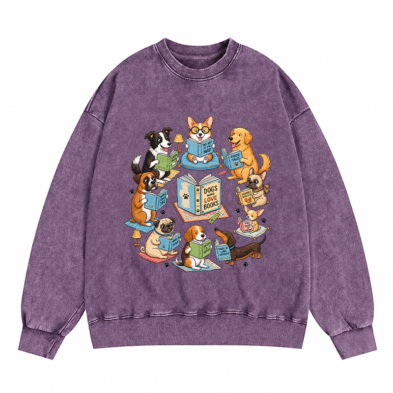 Dogs Who Love Books Reading Washed Crewneck Sweatshirt