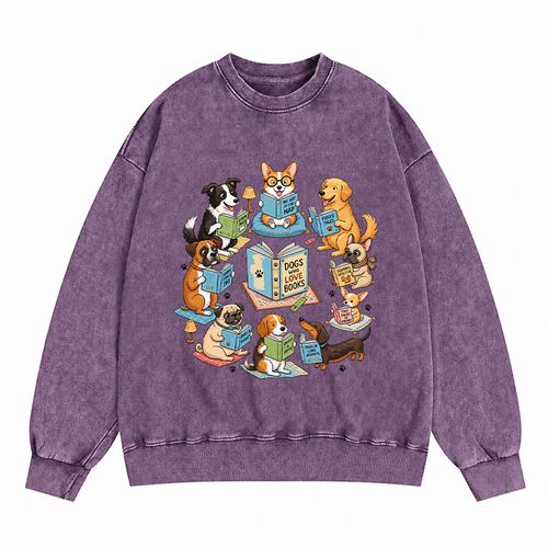 Dogs Who Love Books Reading Washed Crewneck Sweatshirt