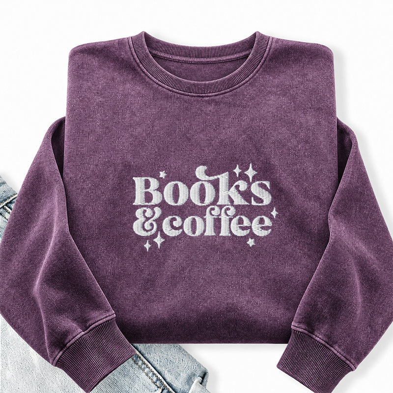Embroidered Books & Coffee Washed Crewneck Sweatshirt