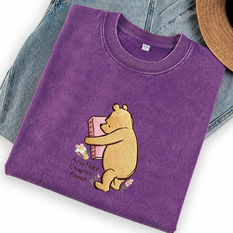 Embroidered Reading Bear Another Chapter Washed Crew Neck T-Shirt