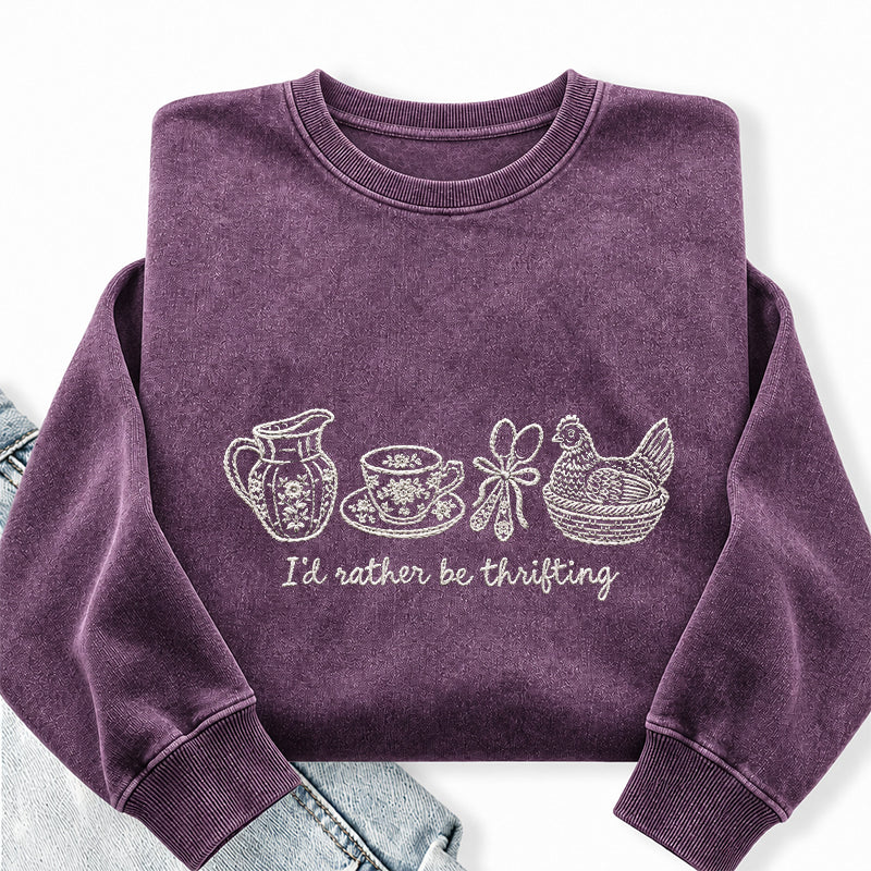 Embroidered I'd Rather Be Thrifting Washed Crewneck Sweatshirt