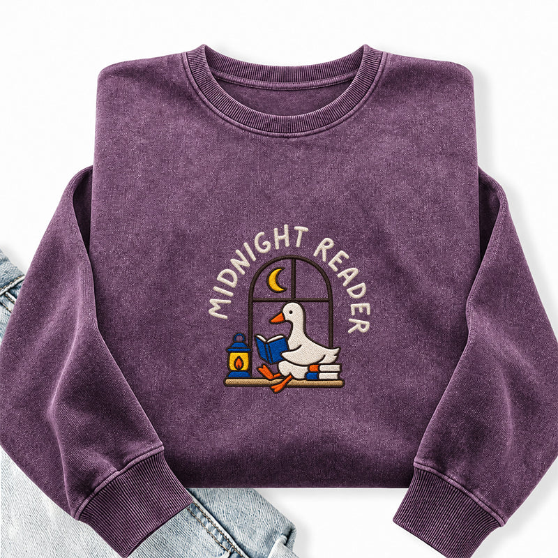 Embroidered Midnight Reader Goose Washed Crewneck Sweatshirt