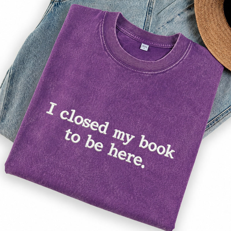Embroidered Close Book Be Here Washed Crew Neck T-Shirt
