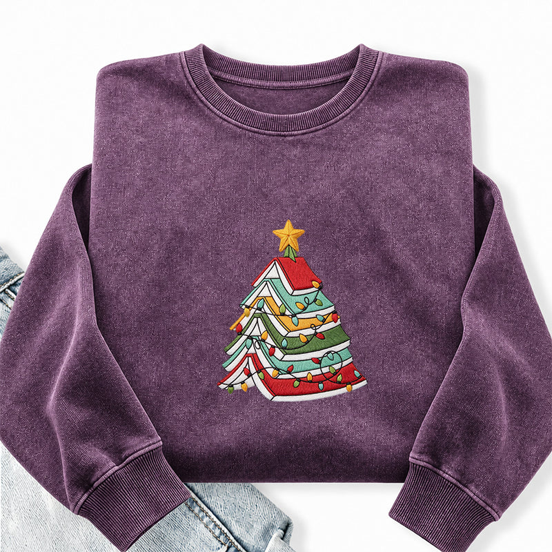 Embroidered Book Christmas Tree Washed Crewneck Sweatshirt