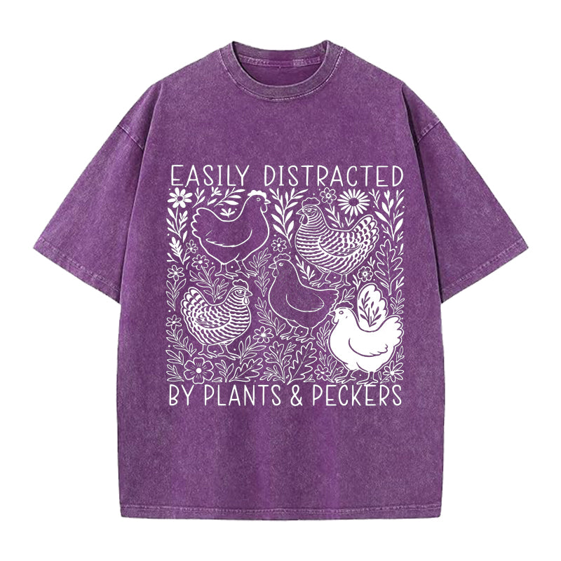 Easily Distracted By Plants and Peckers Washed Crew Neck T-Shirt